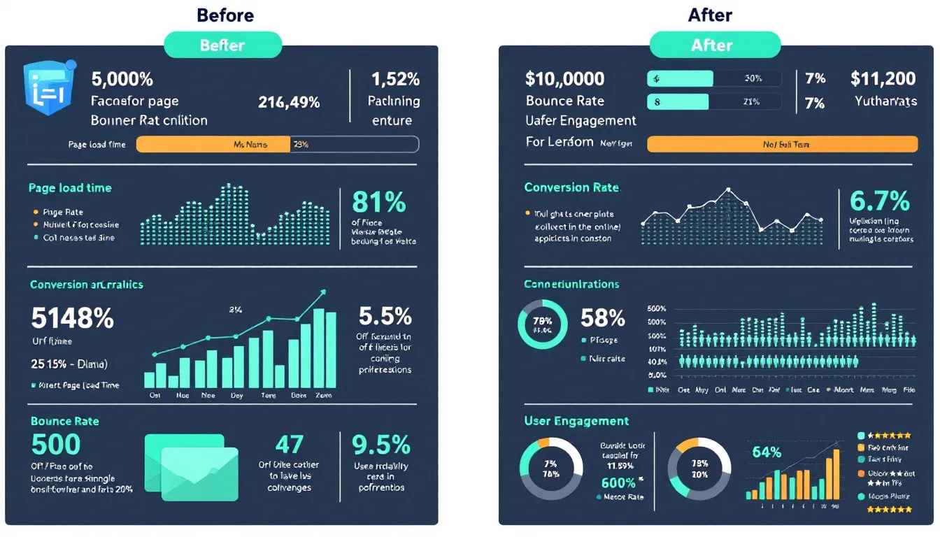 The image displays a comparison of website performance metrics before and after optimization, highlighting significant improvements in key indicators such as site speed, user satisfaction, and organic traffic. These enhancements reflect a user-centric approach, showcasing how effective changes can lead to better search rankings and higher customer engagement on e-commerce sites.