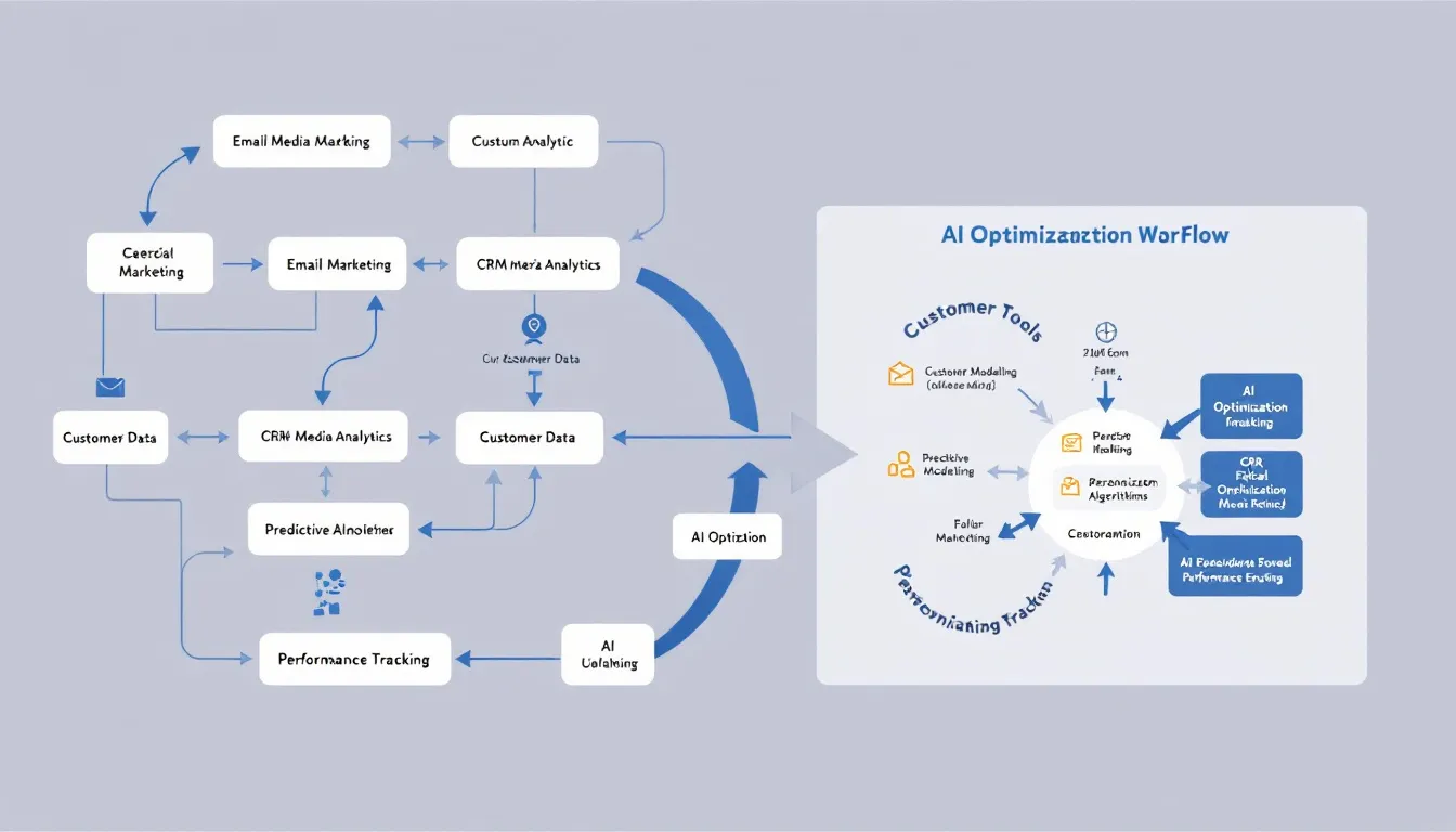 The image depicts a workflow diagram illustrating the data flow between various marketing tools and artificial intelligence optimization, highlighting the importance of search engine optimization and user-centric approaches to enhance customer engagement and website performance. Key elements include integrations for Google Ads, analytics for tracking user behavior, and the navigational structure that supports mobile optimization for e-commerce sites.