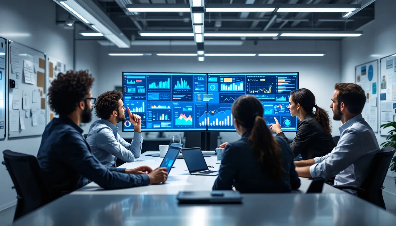 In the image, a diverse analytics team collaborates around computer screens displaying complex data visualizations, including insights from Google Analytics and Google Search Console. They are engaged in discussions to derive marketing insights and optimize conversion rates, showcasing the integration of AI-powered tools for smarter decision-making in their business strategies.