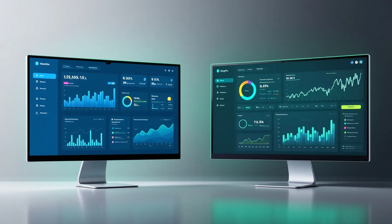 The image depicts two modern dashboard interfaces side by side, showcasing analytics comparison for data-driven decisions. Each interface presents actionable insights, highlighting campaign performance and growth opportunities, emphasizing the user-friendly design of an AI-powered analytics platform.