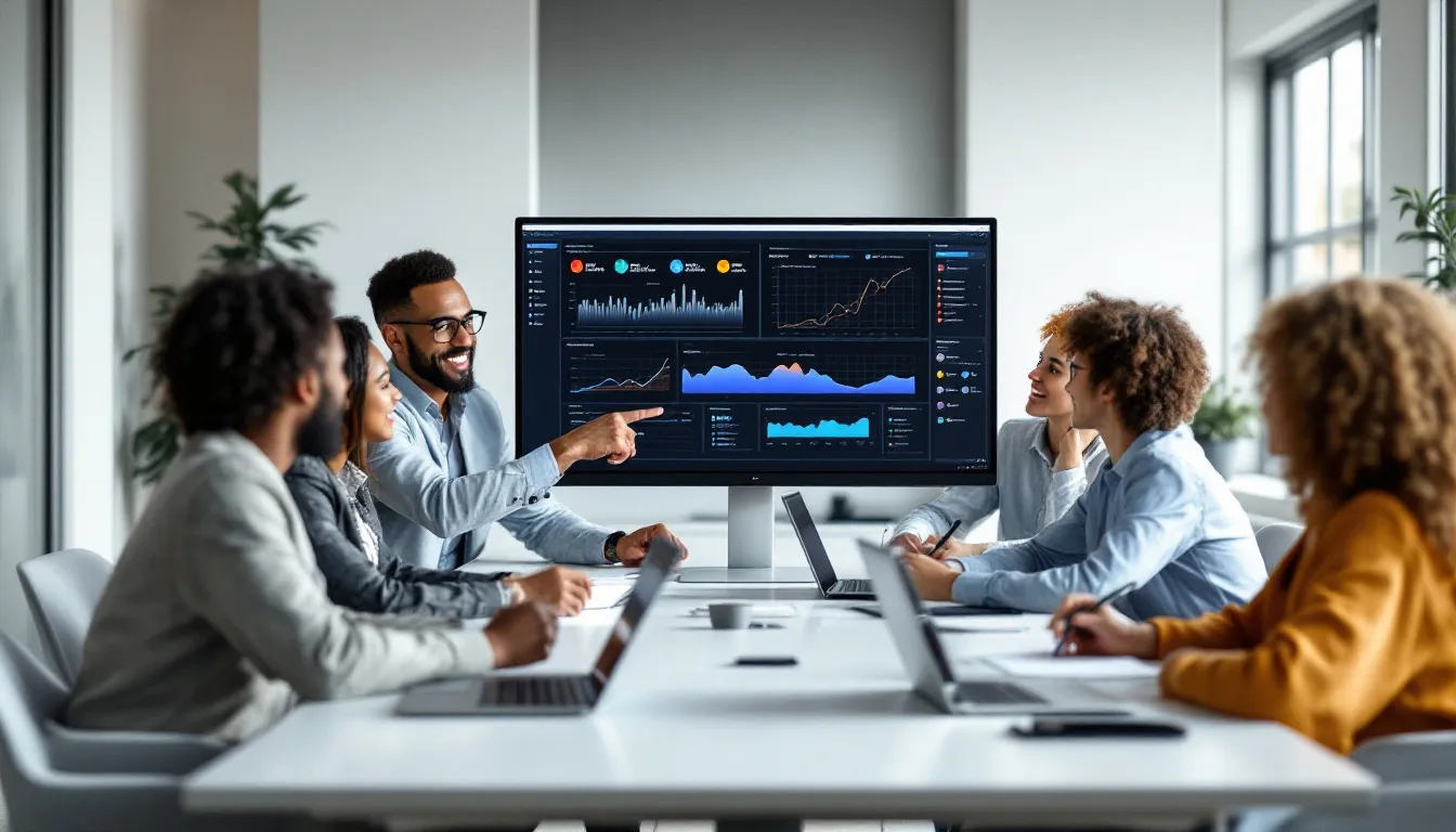 A diverse team of professionals collaborates around a computer screen, analyzing complex data to make data-driven decisions. They are using an AI-powered analytics platform to gain actionable insights and optimize their marketing campaigns, showcasing the importance of teamwork in leveraging advanced analytics for business growth.